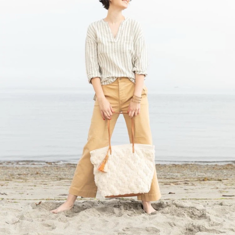 LU & ELLE Cream Shaggy Cotton Tan Leather Travel Crossbody Shoulder Bag Tote NWT